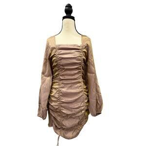 BELLA ELLA Golden Opportunity Puff Sleeve Ruched Bodycon Mini Dress Mocha M NWOT